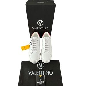 Women’s VALENTINO Kara Leather Sneaker in White / Red…Italian, Size 8.5. NEW!